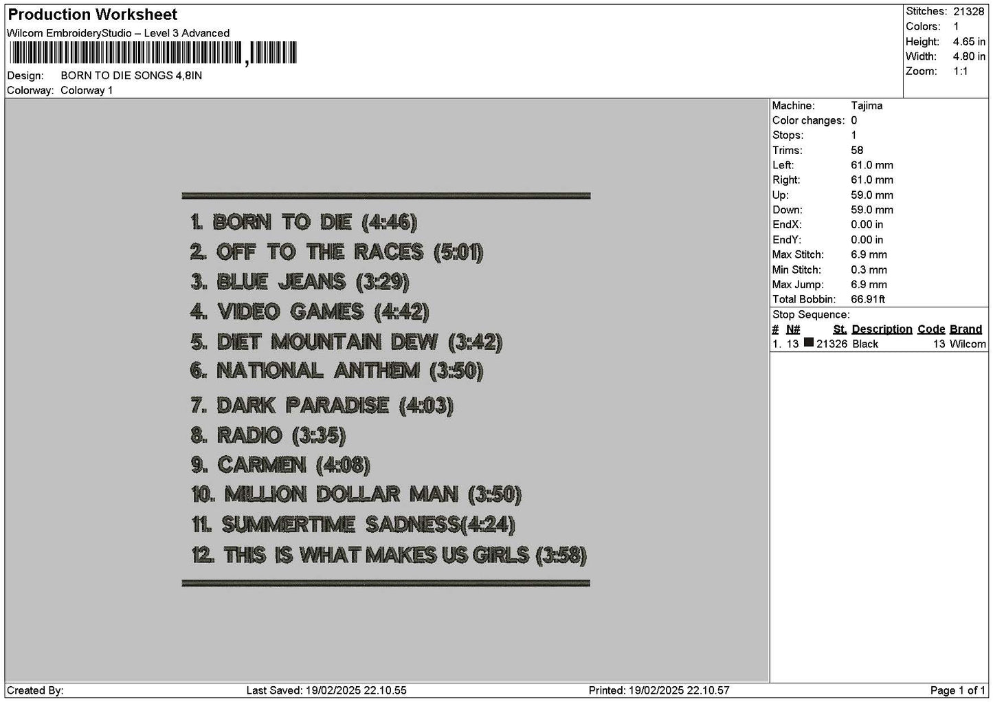 Borntext List Embroidery File 6 sizes