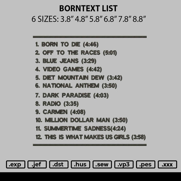 Borntext List Embroidery File 6 sizes
