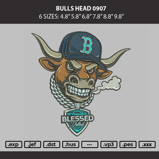 Digital preview of an embroidery design featuring a bull head wearing a navy blue baseball cap with a teal 'B' logo, surrounded by a rope and a 'Blessed Detail' shield. The top text reads 'BULLS HEAD 0907' with available sizes, and the bottom lists embroidery file formats.