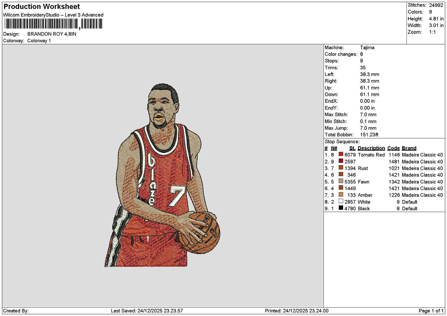 Player Brandon Embroidery File 6 sizes