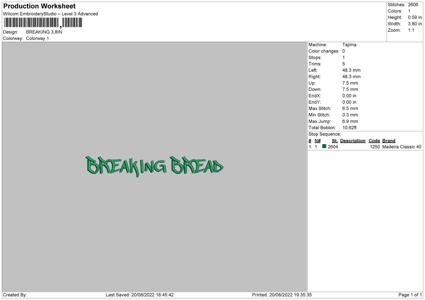 Breaking Embroidery File 5 sizes