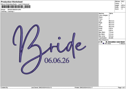 Bride 0606 Embroidery File 6 sizes