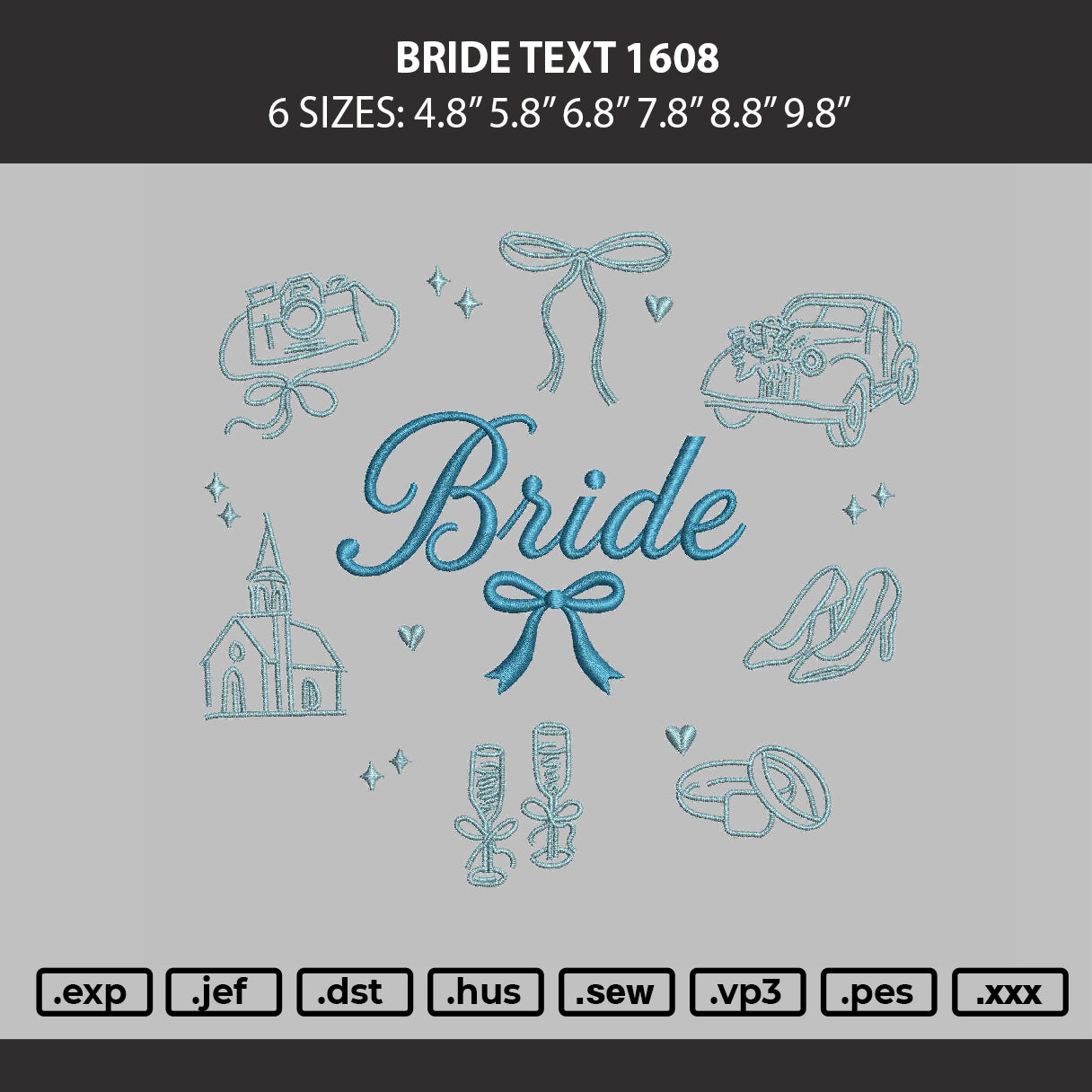 Bride text 1608 Embroidery Machine Design File 6 sizes