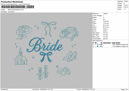 Bride text 1608 Embroidery Machine Design File 6 sizes