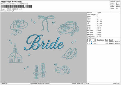 Bride text 1608 Embroidery Machine Design File 6 sizes