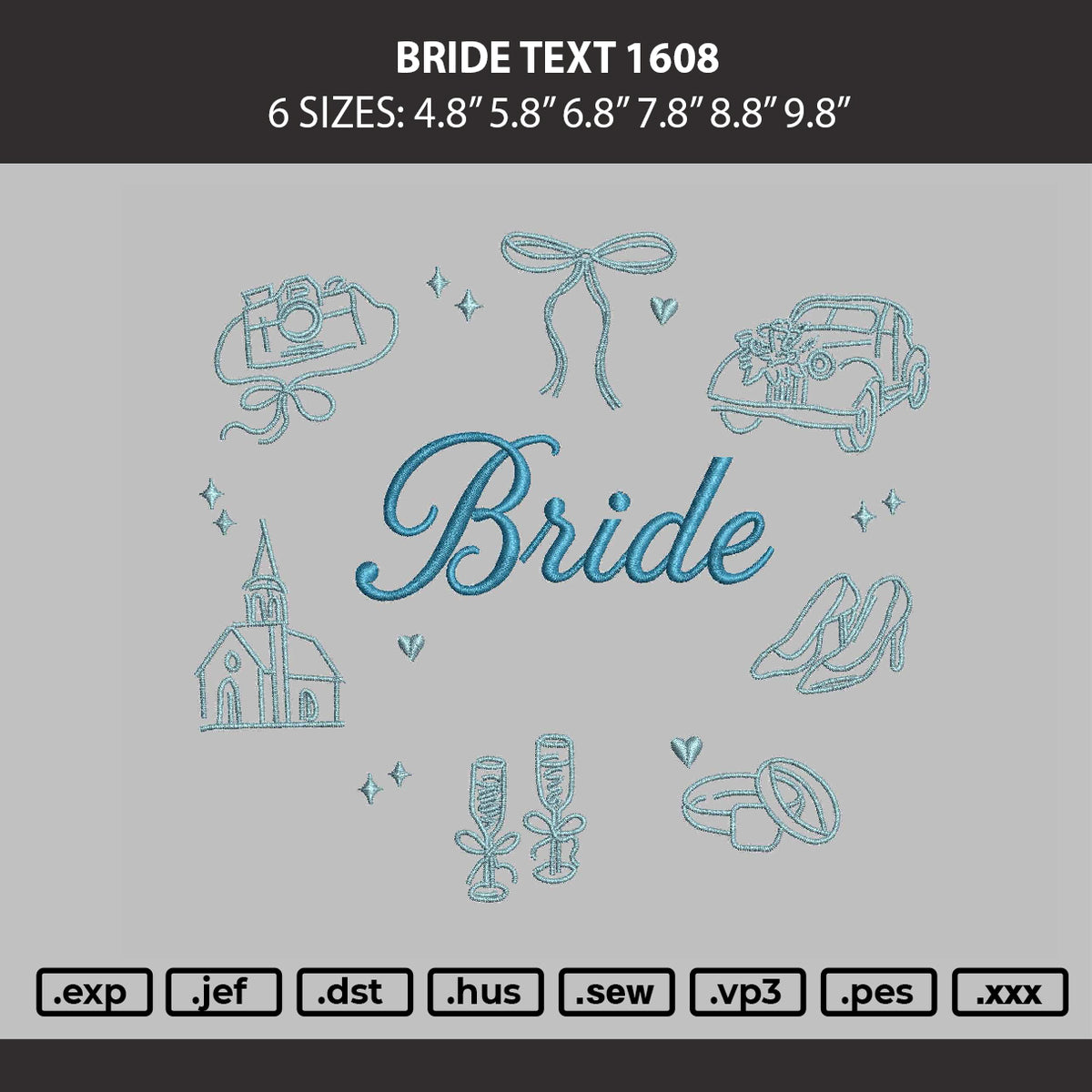 Bride text 1608 Embroidery Machine Design File 6 sizes