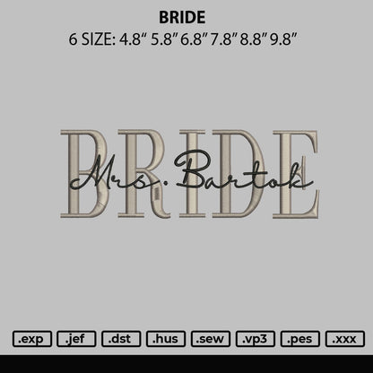 Bride Embroidery Machine Design File 6 sizes