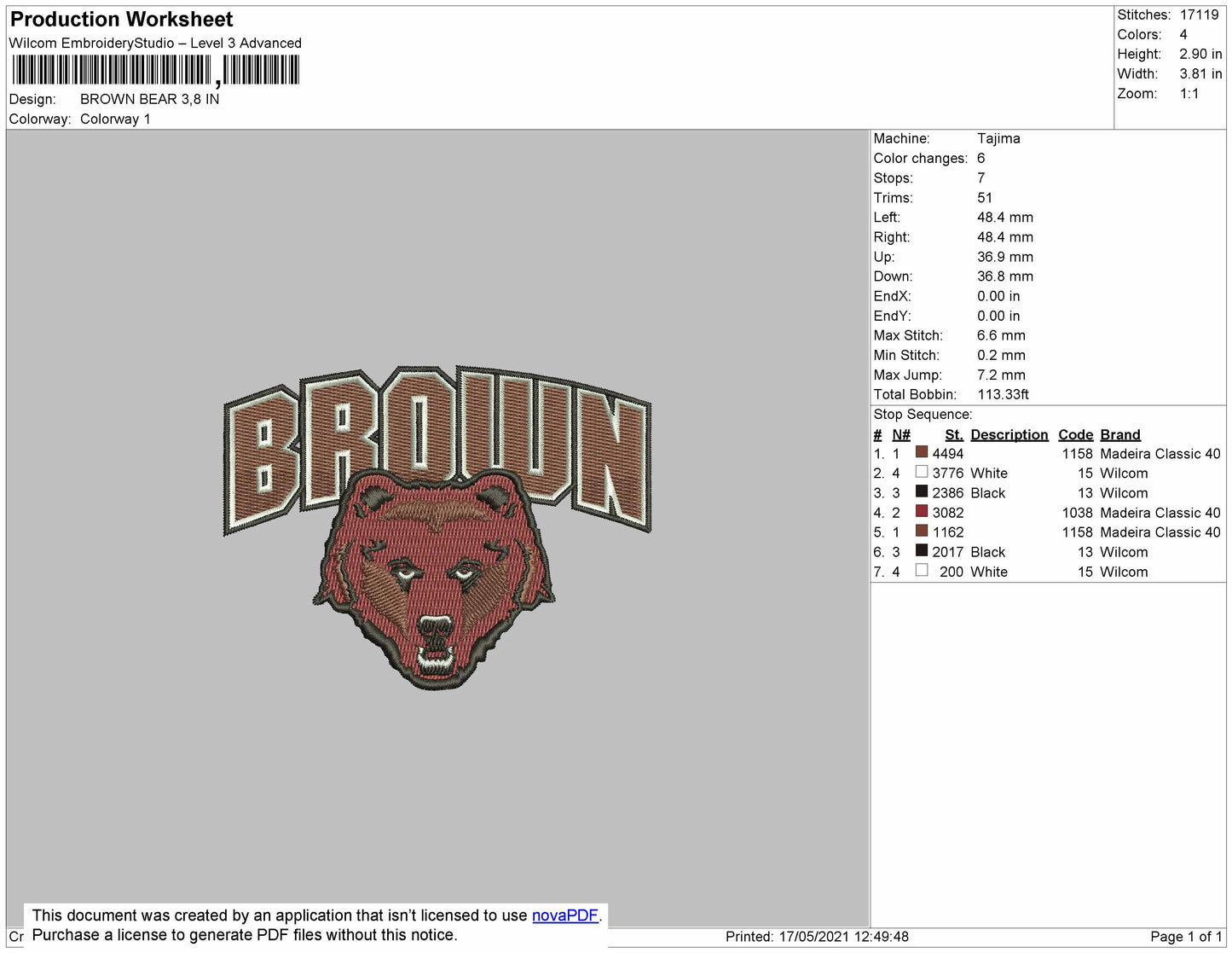 Brown Bear Embroidery Design File