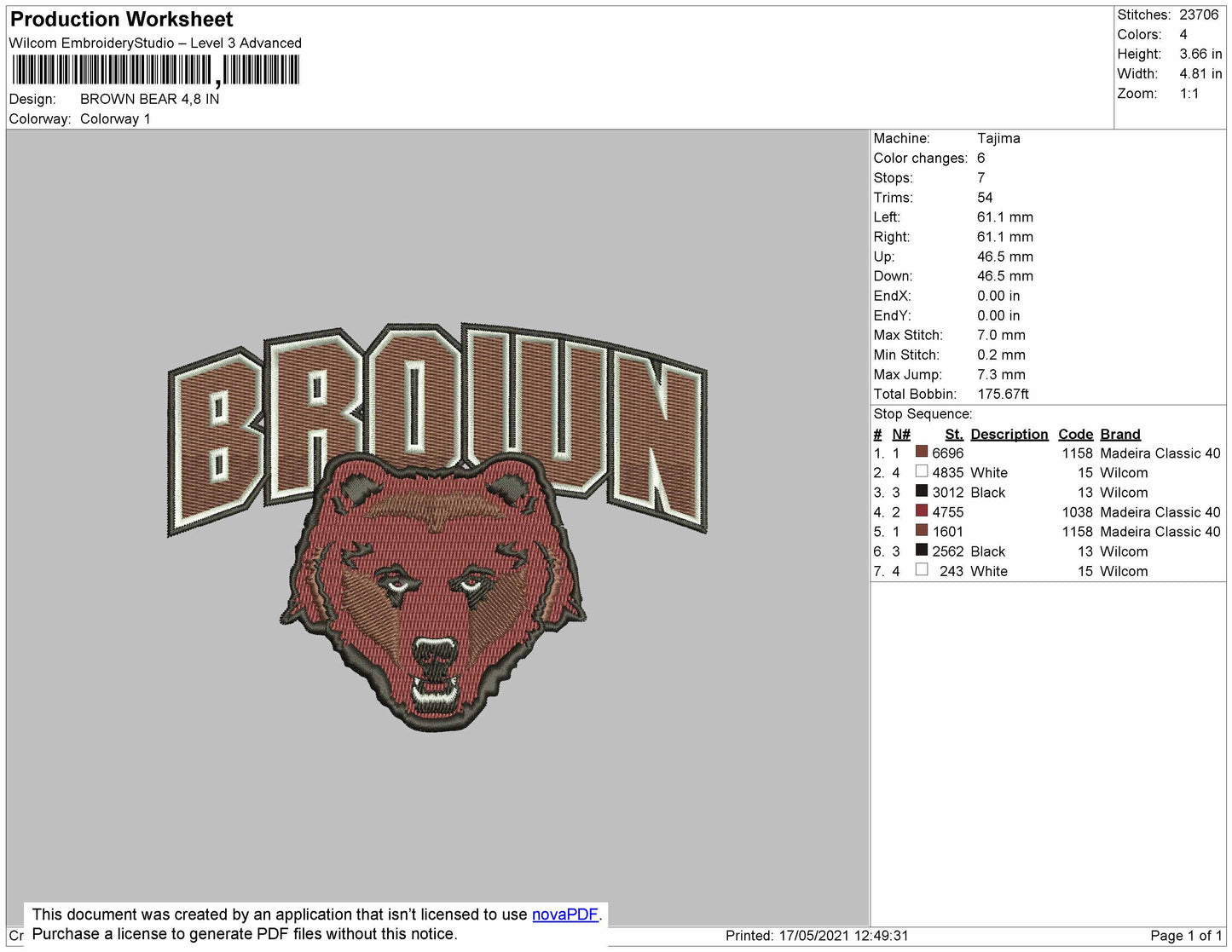 Brown Bear Embroidery Design File