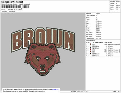 Brown Bear Embroidery Design File