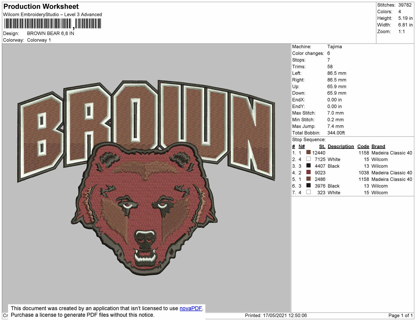 Brown Bear Embroidery Design File
