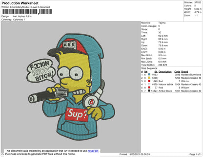 Bart Hip Hop Embroidery File 4 size