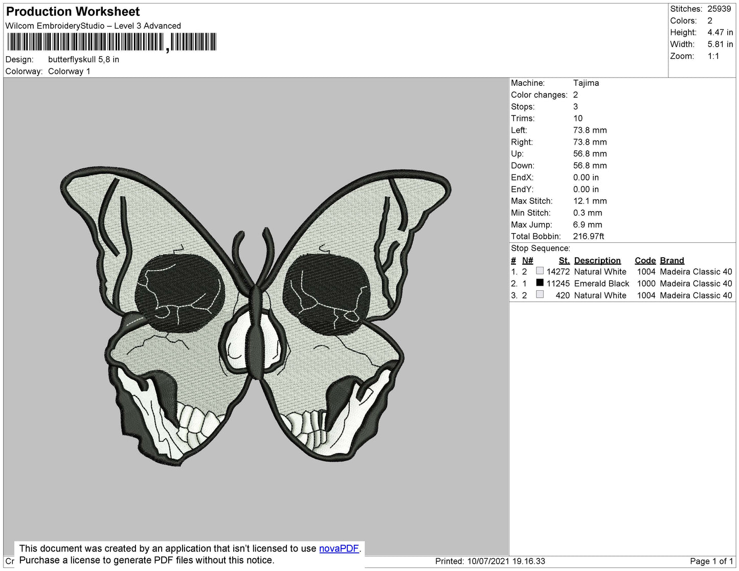 Butterflyskull Embroidery File 4 size