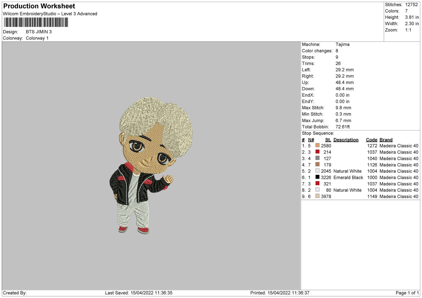 Bts Jimin Embroidery Machine Design File 4 size