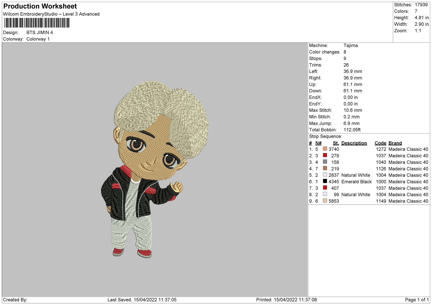 Bts Jimin Embroidery Machine Design File 4 size