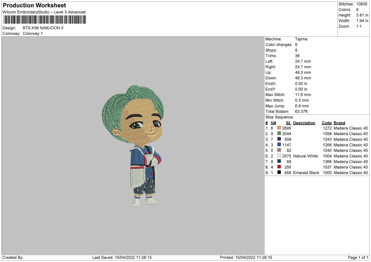 Bts Kim Namjoon Embroidery Machine Design File 4 size