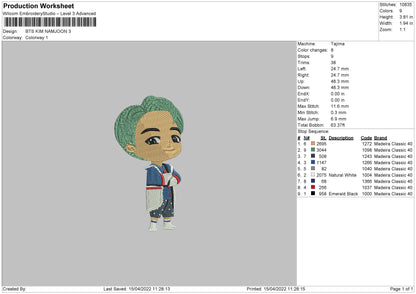 Bts Kim Namjoon Embroidery Machine Design File 4 size