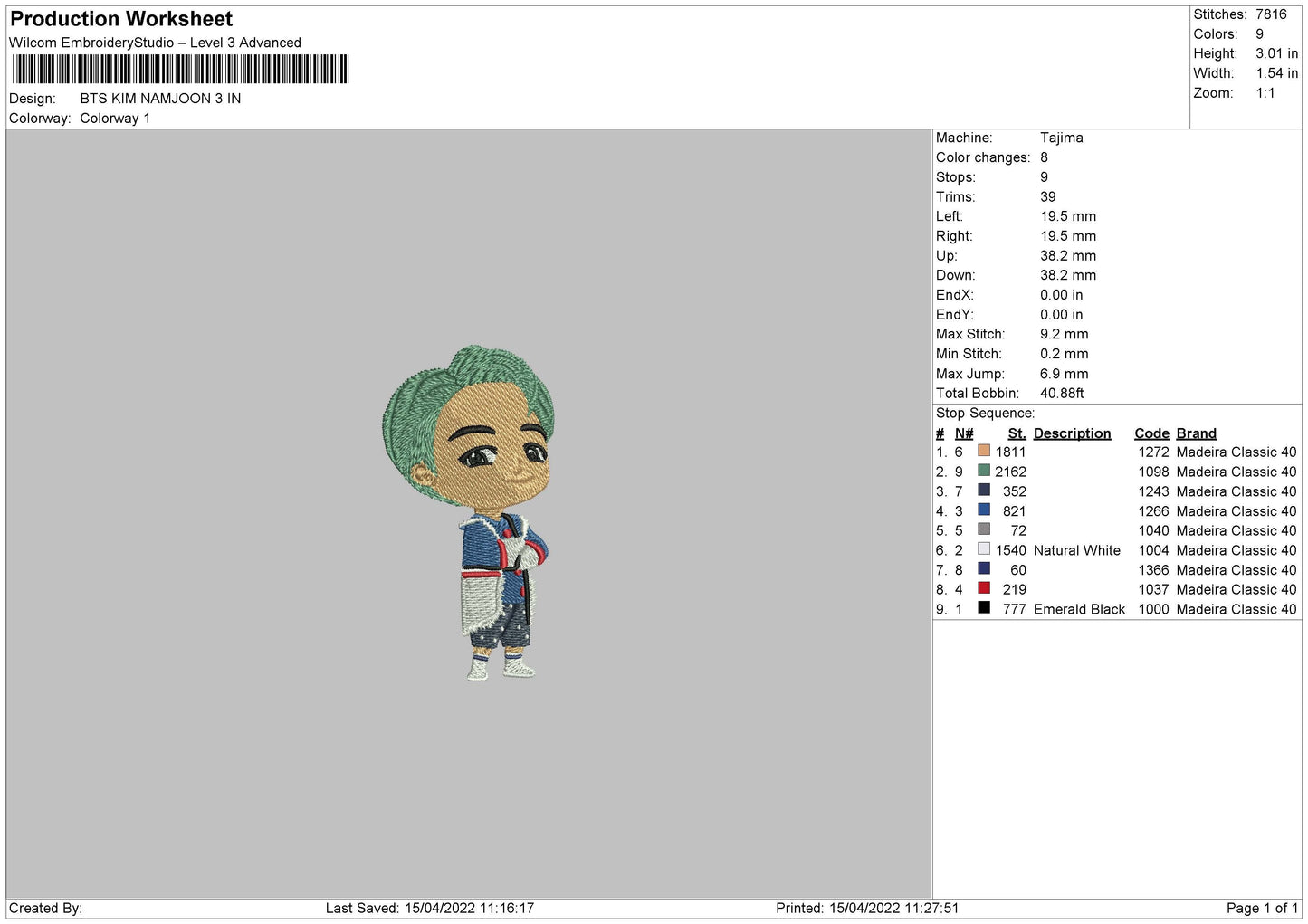 Bts Kim Namjoon Embroidery Machine Design File 4 size