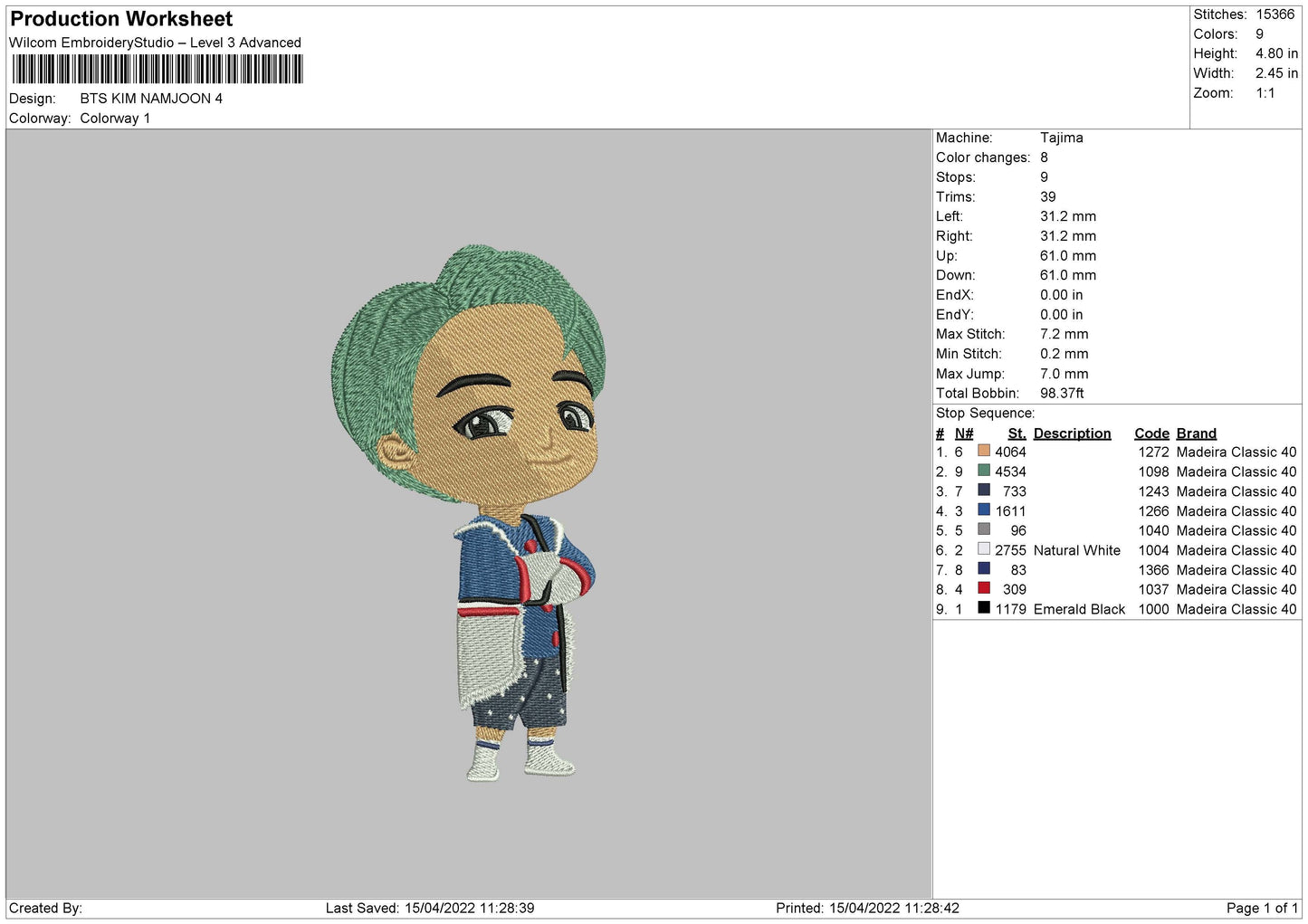 Bts Kim Namjoon Embroidery Machine Design File 4 size