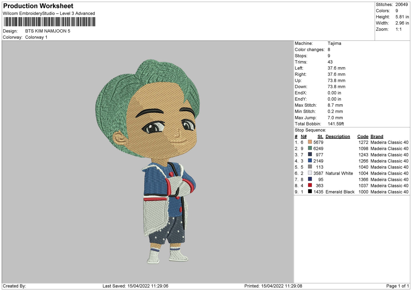 Bts Kim Namjoon Embroidery Machine Design File 4 size