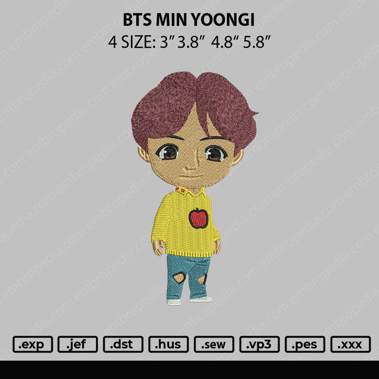 Bts Min Yoongi Embroidery Machine Design File 4 size