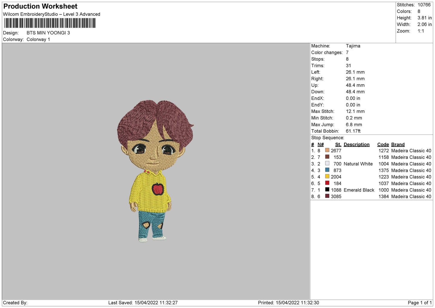 Bts Min Yoongi Embroidery Machine Design File 4 size