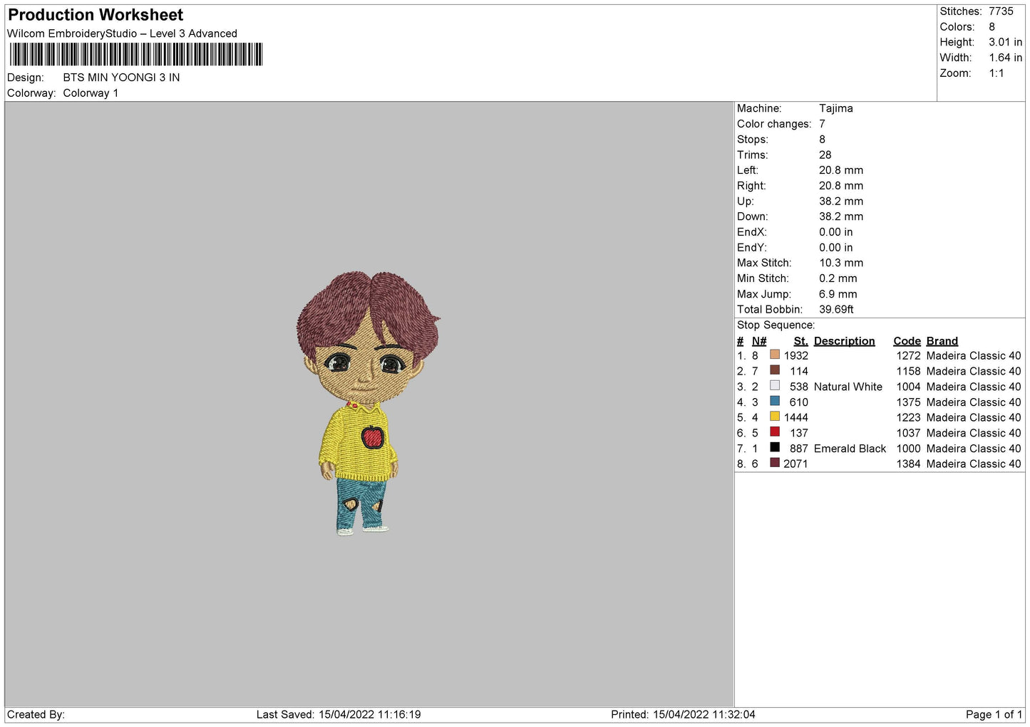 Bts Min Yoongi Embroidery Machine Design File 4 size