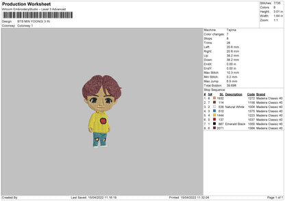 Bts Min Yoongi Embroidery Machine Design File 4 size