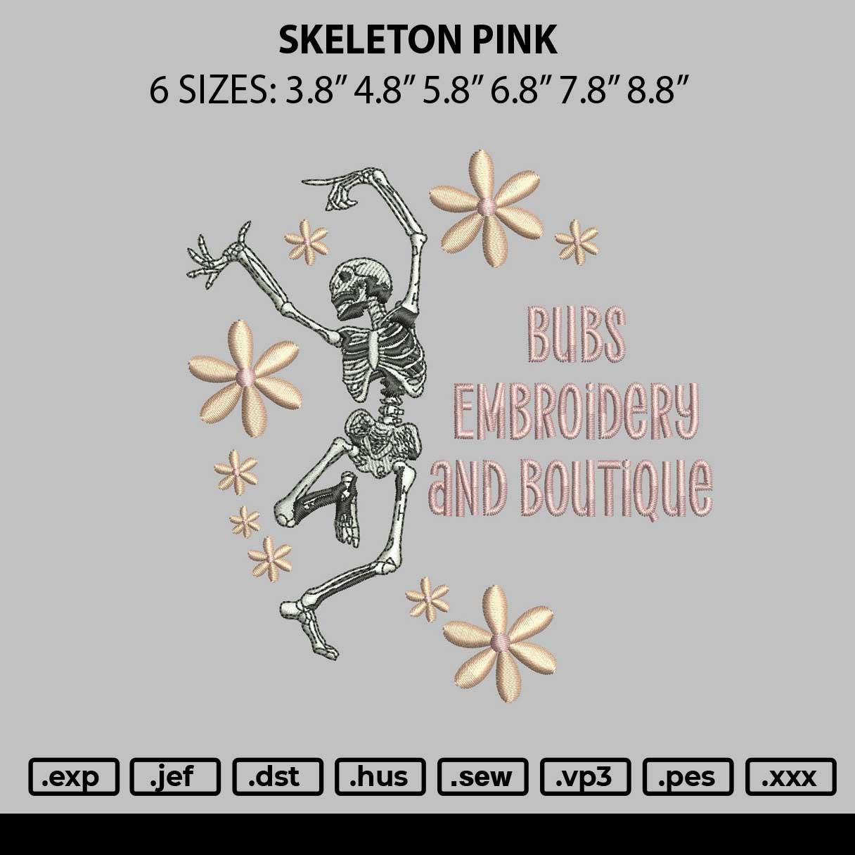 Skeleton Pink Embroidery File 6 sizes