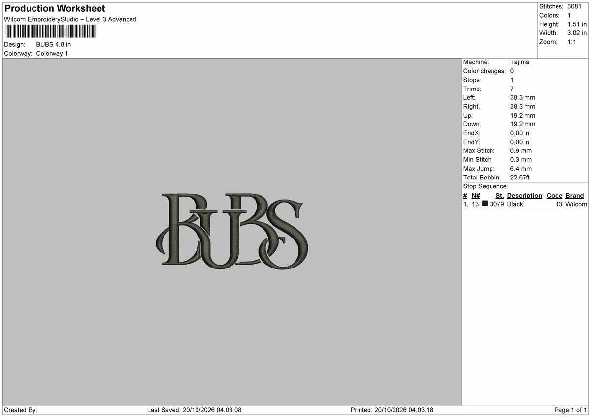 Bubs Text Embroidery Machine Design File 6 sizes
