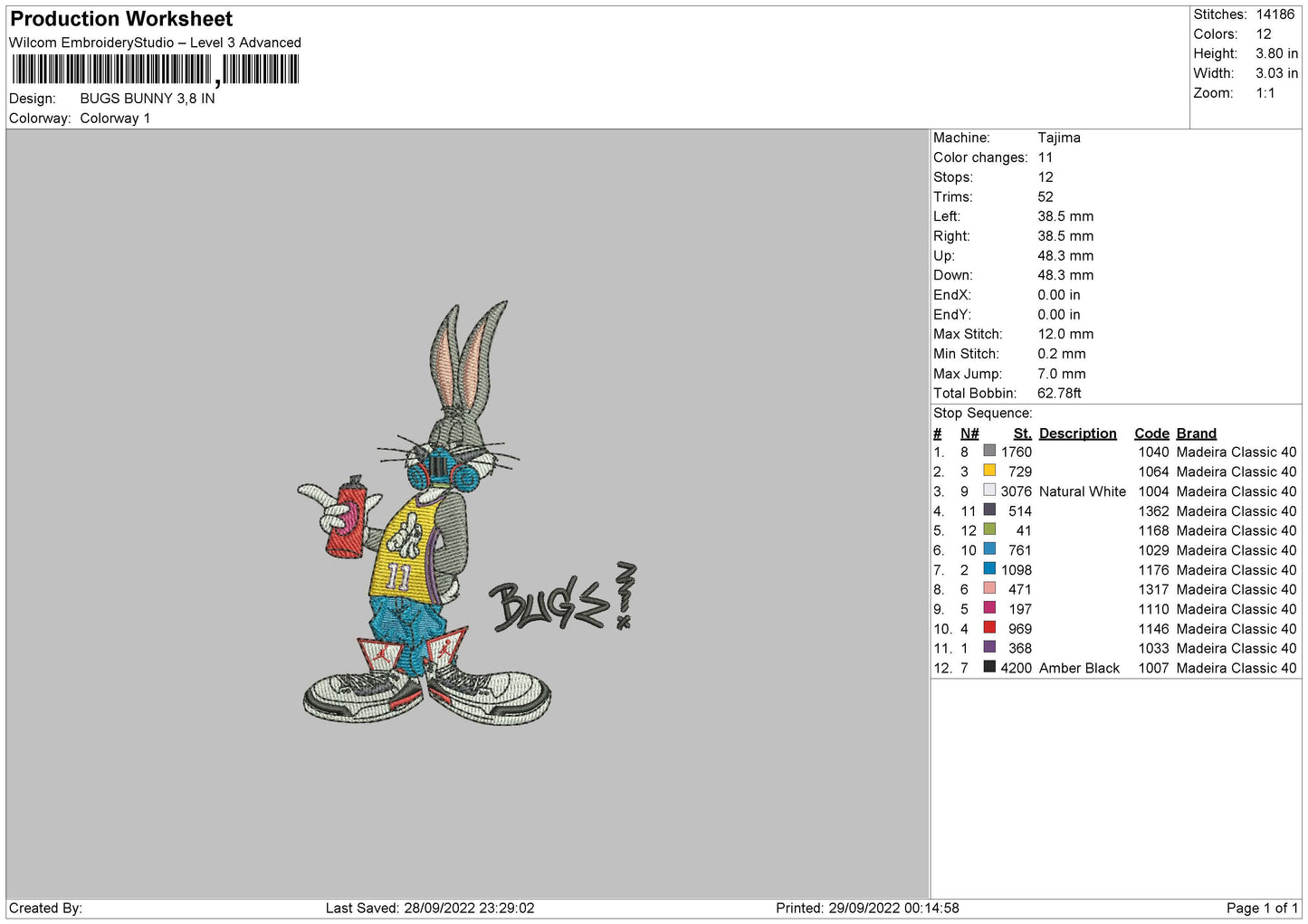 Bugs Bunny 002 Embroidery File 5 sizes