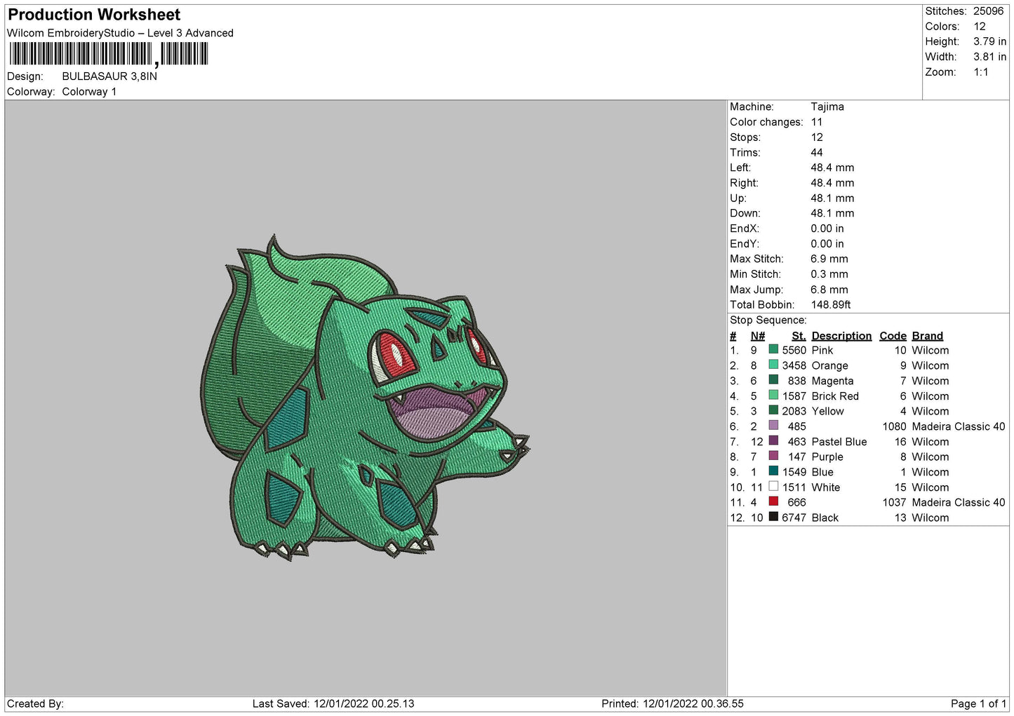 Bulbasaur Embroidery Design File 4 size