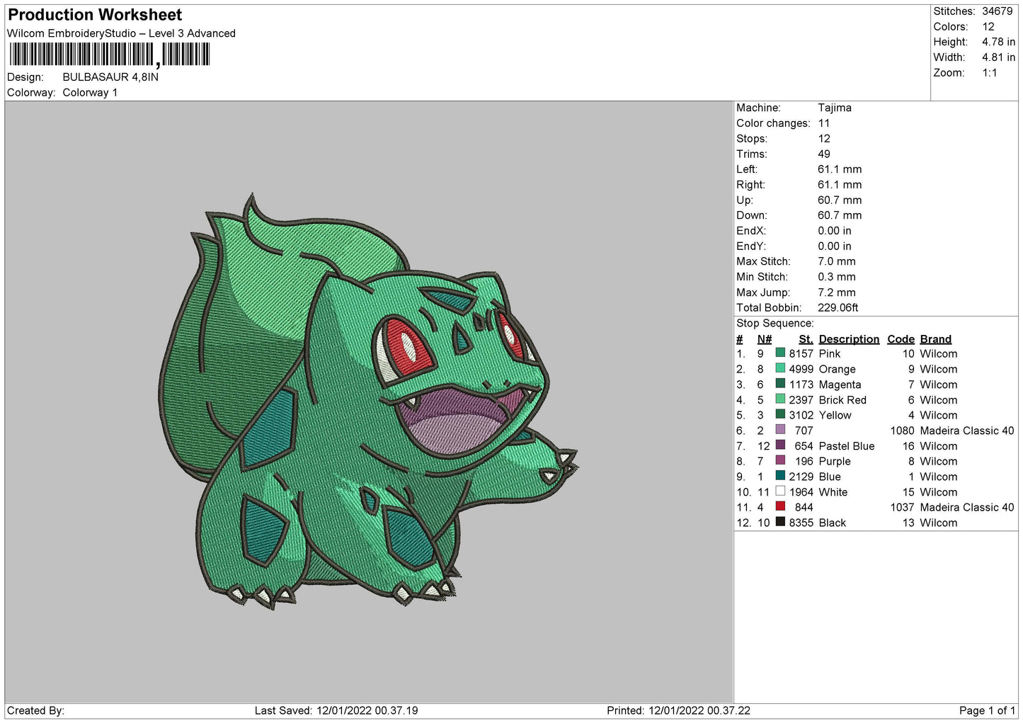 Bulbasaur Embroidery Design File 4 size