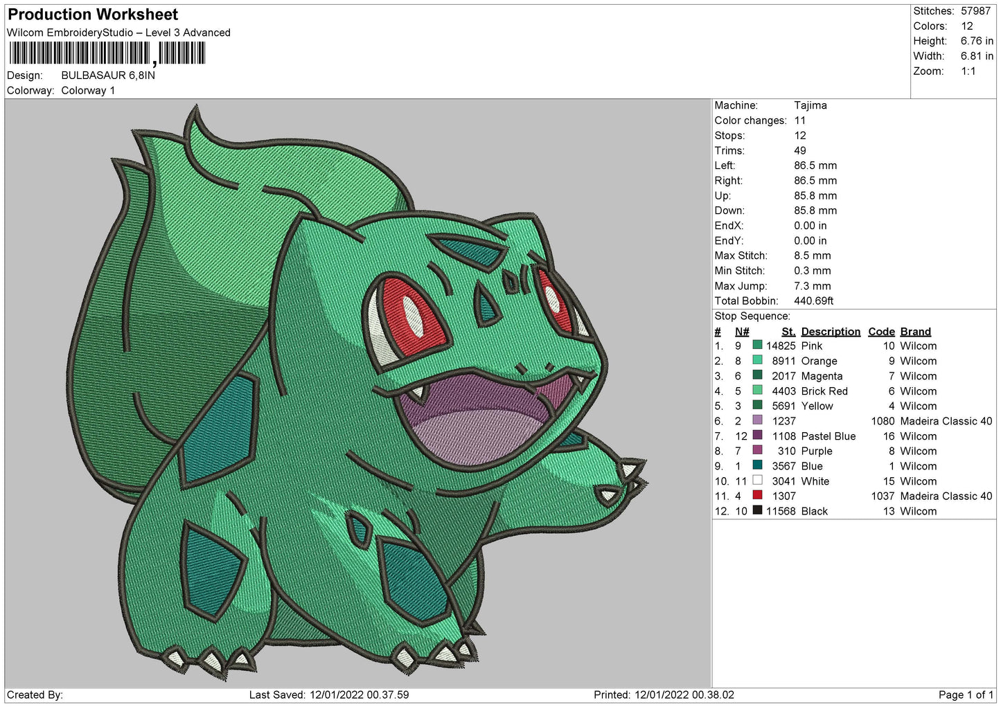 Bulbasaur Embroidery Design File 4 size