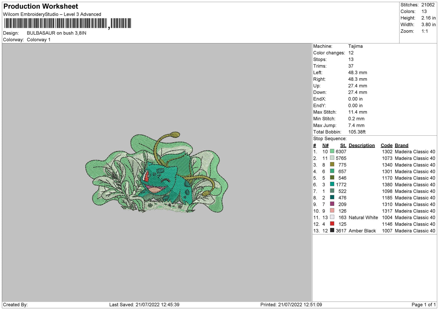 Bulbasaur On Bush Embroidery Machine Design File 4 sizes
