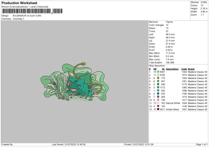 Bulbasaur On Bush Embroidery Machine Design File 4 sizes