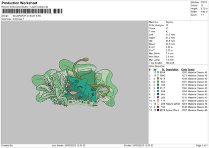 Bulbasaur On Bush Embroidery Machine Design File 4 sizes