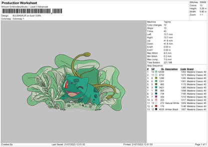 Bulbasaur On Bush Embroidery Machine Design File 4 sizes