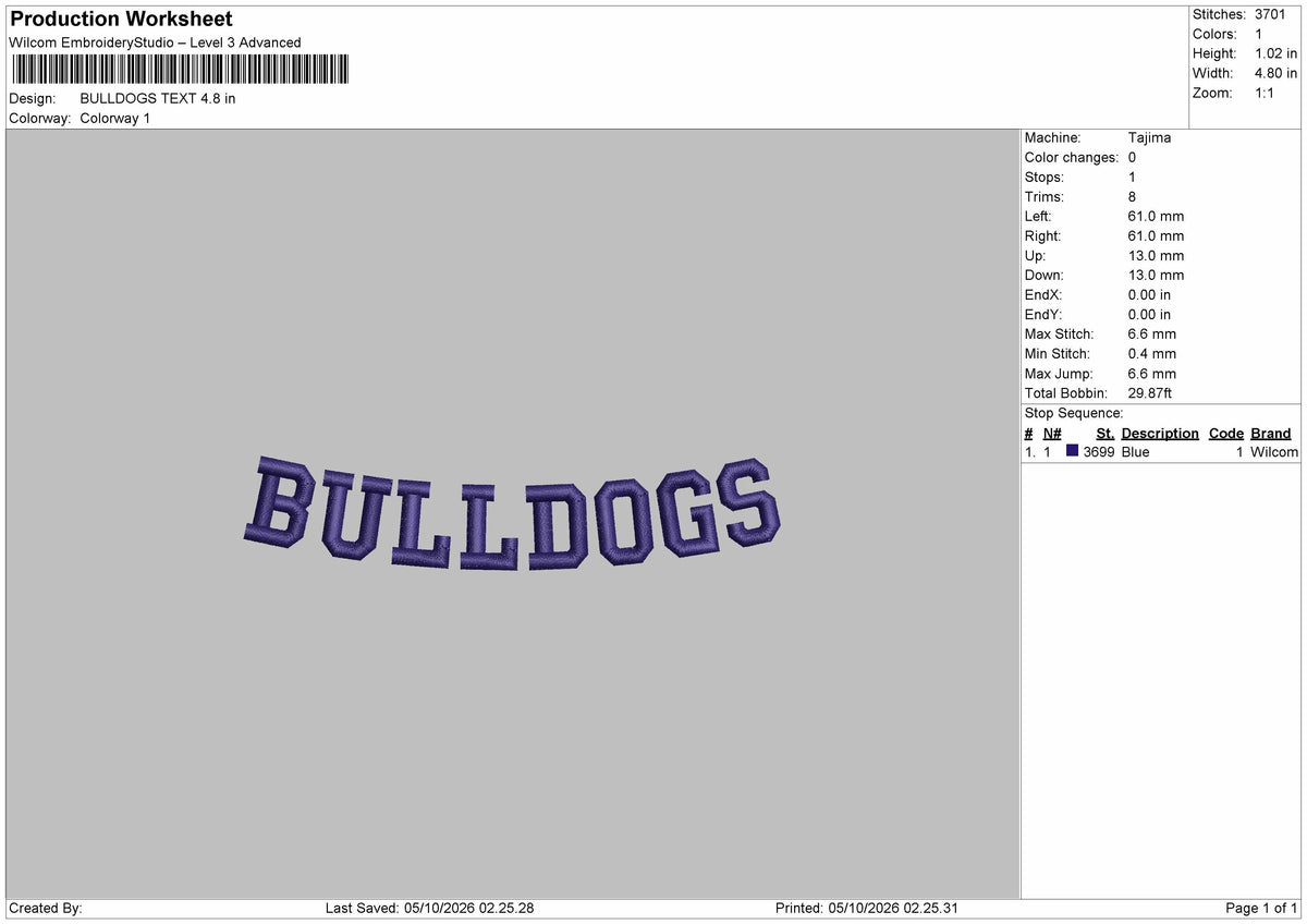 Bulldogs Text 0510 Embroidery Machine Design File 6 sizes