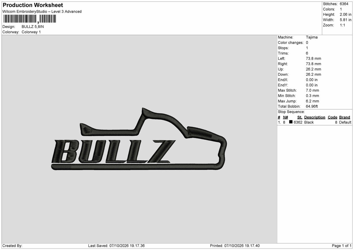 Bullz Text Embroidery Machine Design File 6 sizes