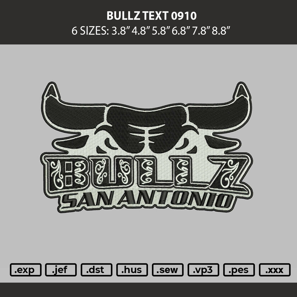 Bullz Text 0910 Embroidery Machine Design File 6 sizes