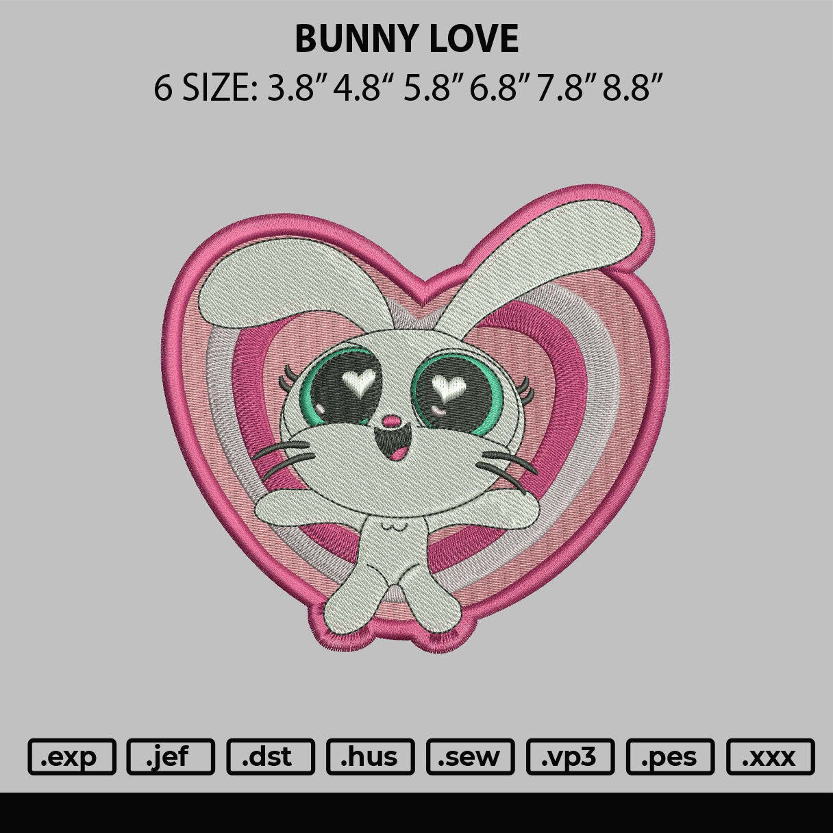 Bunny Love Embroidery Machinr Design File 6 sizes