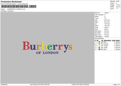 Burberrys London Embroidery Design File 4 size