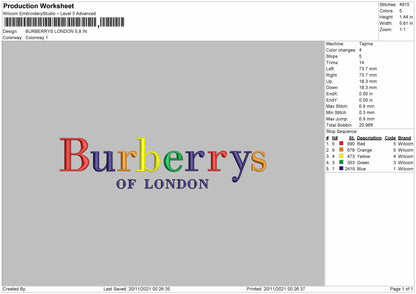 Burberrys London Embroidery Design File 4 size