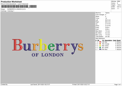 Burberrys London Embroidery Design File 4 size