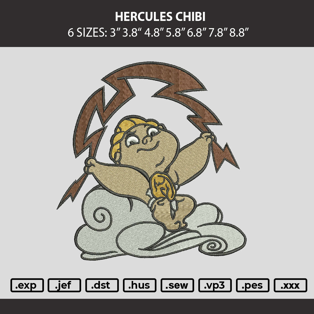 Hercules Chibi Embroidery Machine Design File 6 sizes