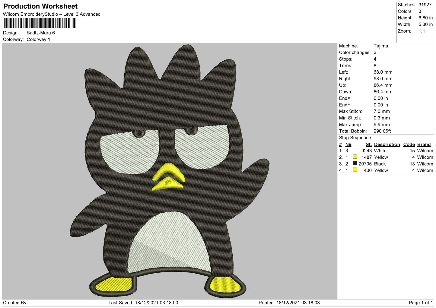 Badtz Maru Embroidery File 4 size