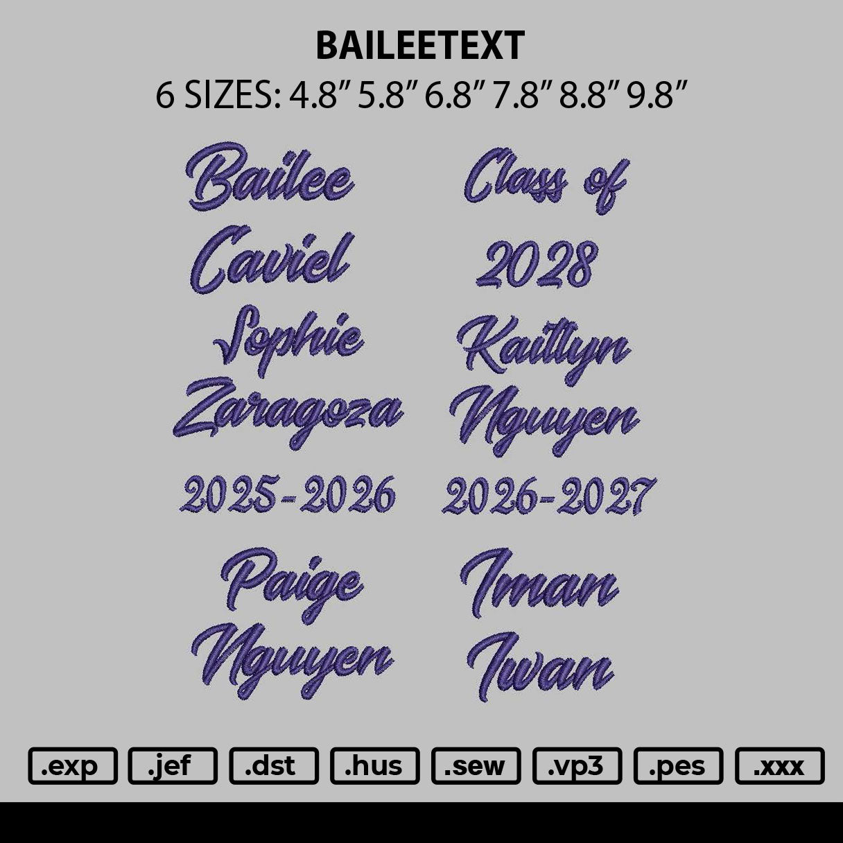 Baileetext Embroidery File 6 sizes