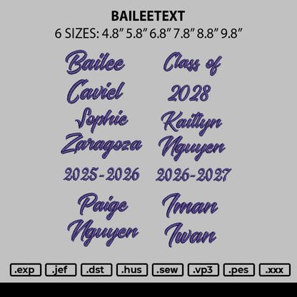 Baileetext Embroidery File 6 sizes