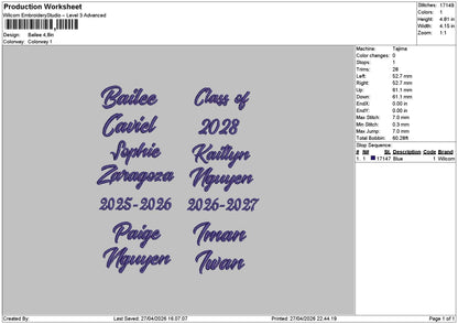 Baileetext Embroidery File 6 sizes